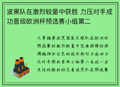 波黑队在激烈较量中获胜 力压对手成功晋级欧洲杯预选赛小组第二