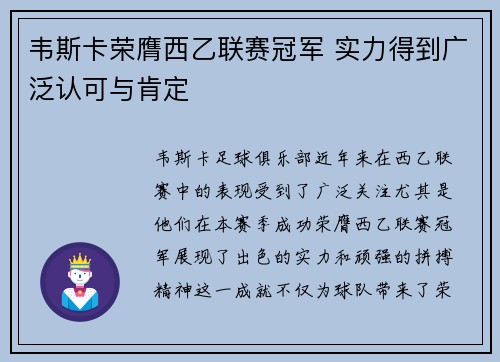 韦斯卡荣膺西乙联赛冠军 实力得到广泛认可与肯定